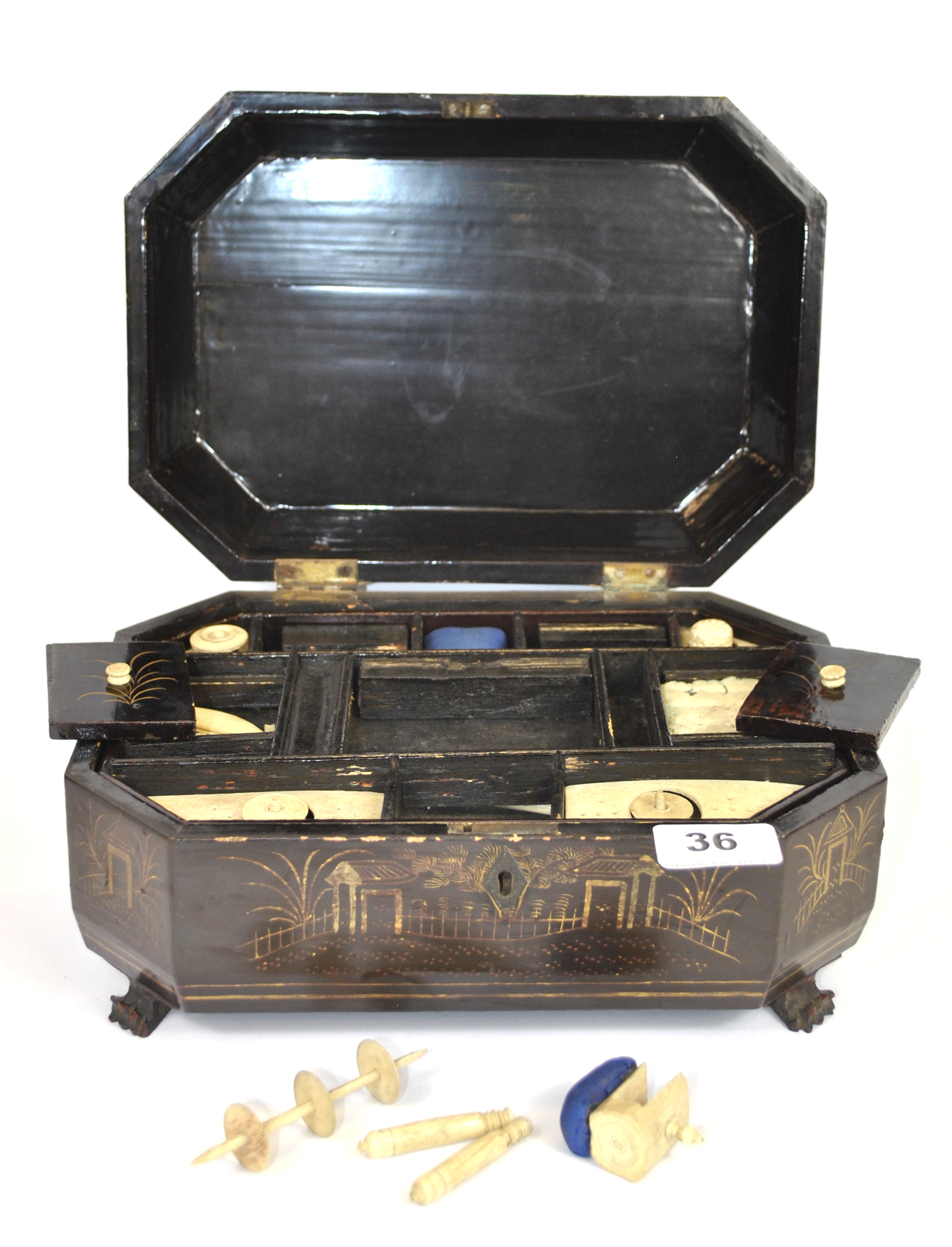 A 19th century Chinese fitted lacquered work box, 27 x 19 x 12cm. - Image 2 of 2