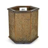 A Chinese carved bamboo and hardwood hexagonal brush pot, W. 14cm, H. 16cm.