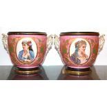 A fine pair of 19th century hand painted and gilt Paris porcelain planters, H. 17cm, (1 x A/F).