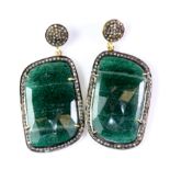 A pair of yellow metal drop earrings set with large faceted emeralds surrounded by diamonds, L.