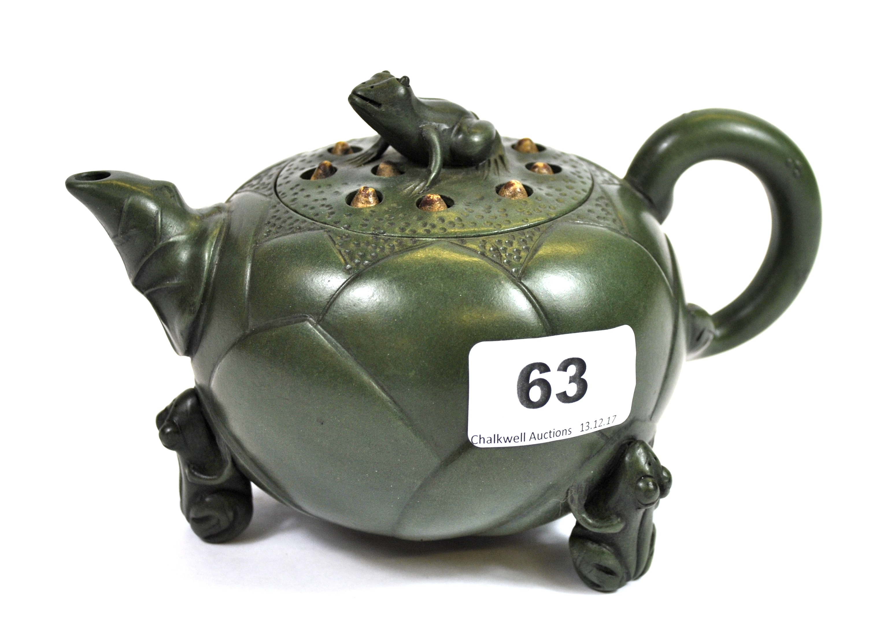 A rare Chinese green Yixing terracotta tea pot with the lid in the form of a lotus pod, with loose