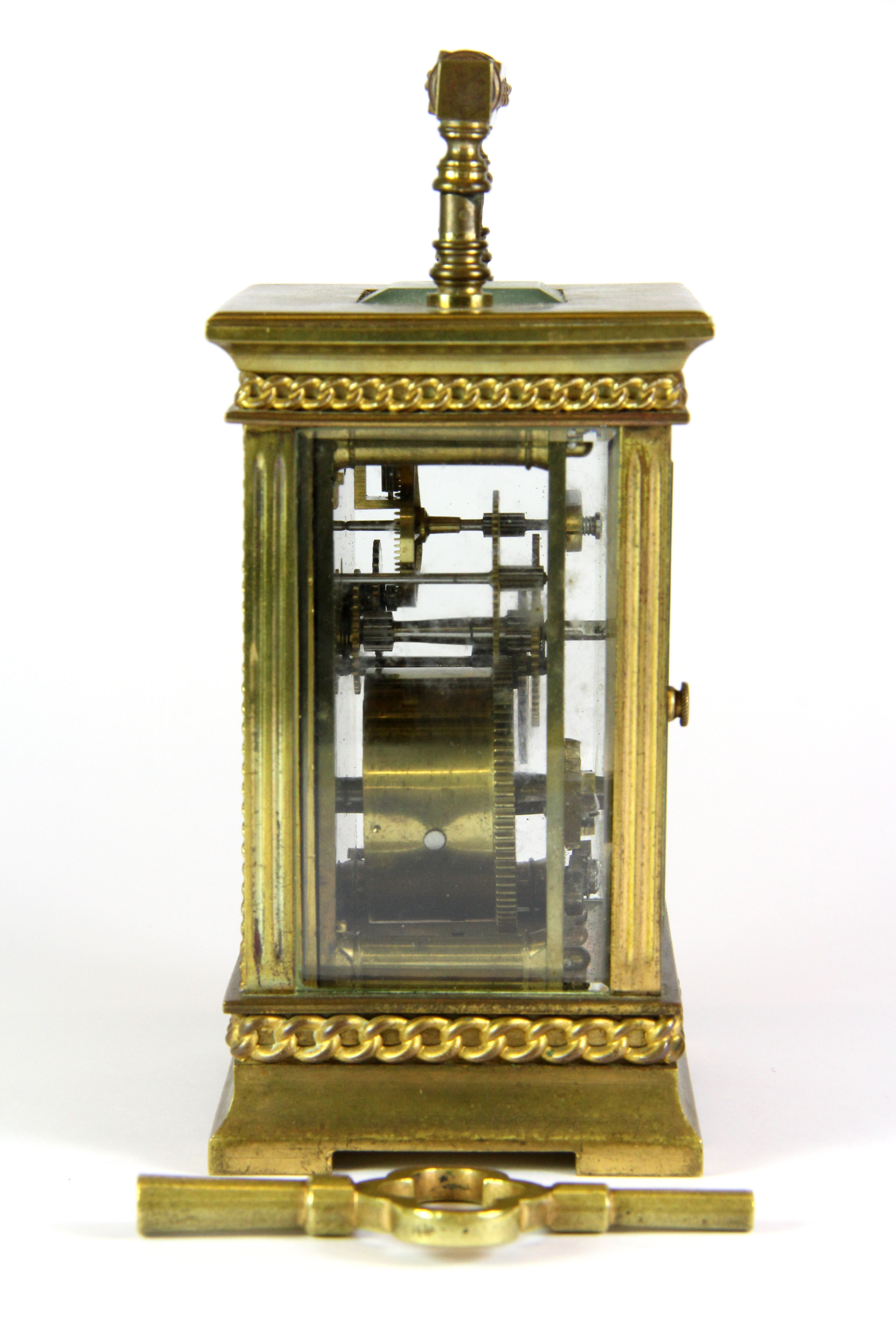 An early 20th century French gilt brass carriage clock with key, H. 14cm. - Image 2 of 3