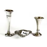 Two hallmarked silver bud vases and a pierced silver dish.
