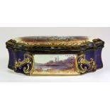 A 19th century hand painted porcelain box, W. 14cm, H. 4.5cm, (A/F cover).