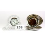 A Waterford Crystal miniature mantle clock (H. 6.5cm), together with a silver plated travelling