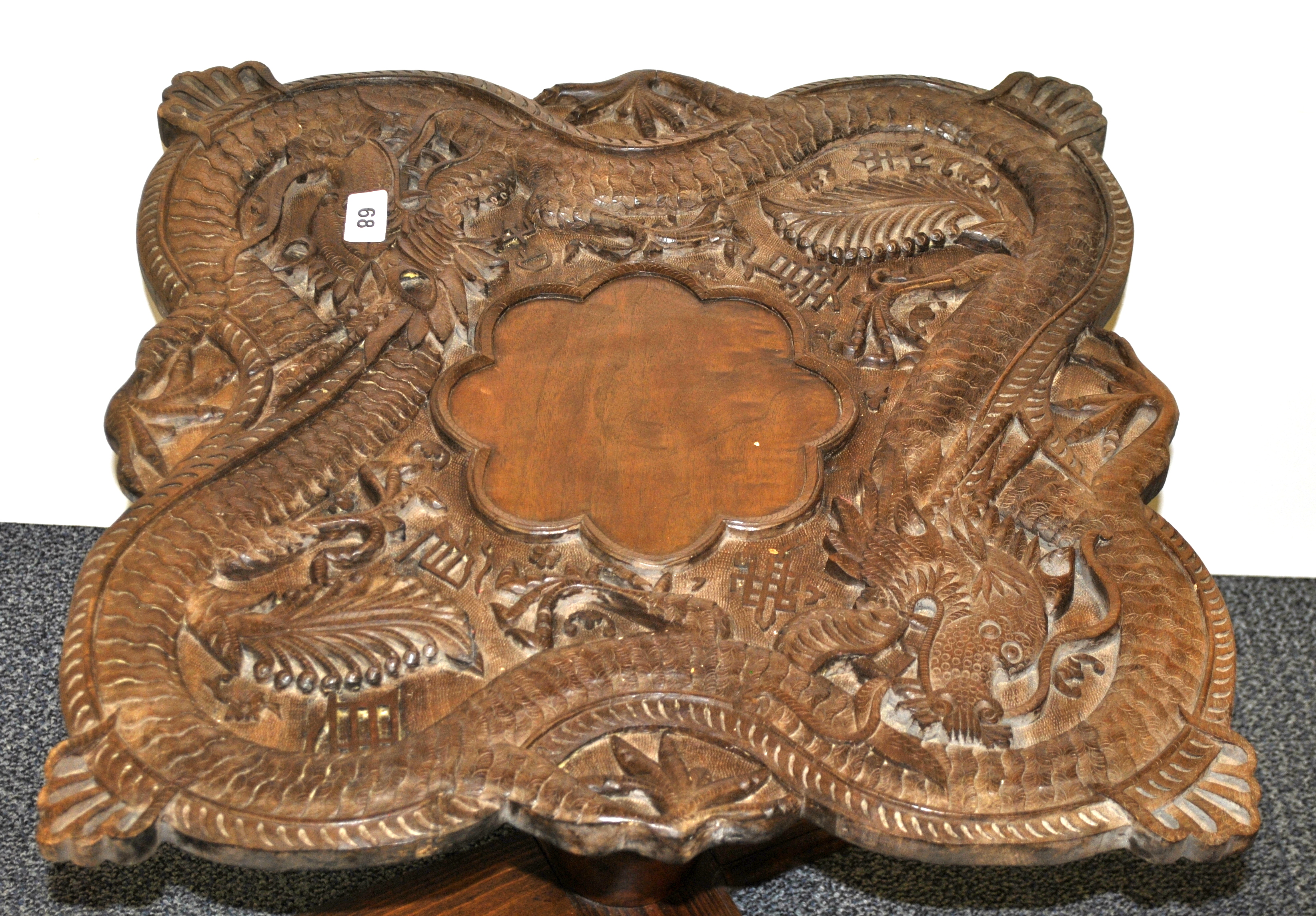 A mid 20th century Straits Chinese carved hardwood dragon table on a later base, 52 x 52 x 38cm. - Image 2 of 2