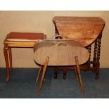 A small oak drop leaf tea table, a walnut dressing table stool and a workbox.