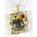 A Hana Maae designer 925 silver gilt pendant set with silver rutile quartz, cornelian and