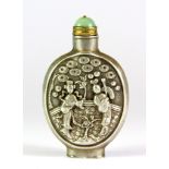 A Chinese white metal snuff bottle with gilt and green hardstone stopper, H. 8cm.