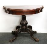 A mid 19th century mahogany veneered demi-lune card table, W. 91cm.