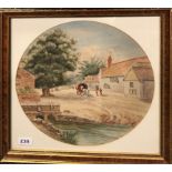 A framed Edwardian watercolour of a village scene signed T. W. Newton, 46 x 46cm (frame size).