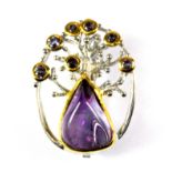 A Hana Maae designer 925 silver gilt amethyst and tanzanite set tree shaped brooch, L. 2.6cm.