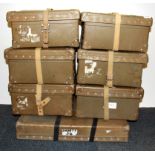 Eight vintage storage boxes with canvas straps, 36 x 31 x 20cm.