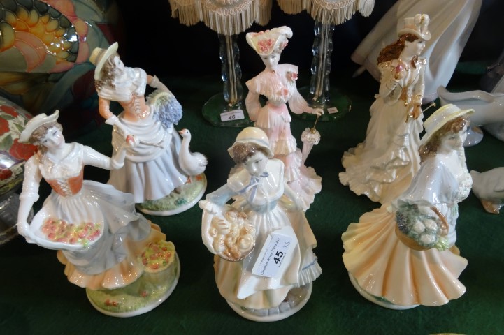 Four Royal Worcester figurines from the Pastoral Collection, together with two Coalport figurines,