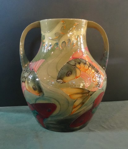 A twin handled Moorcroft vase of imposing proportions, in the Carp pattern,