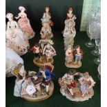 A collection of eight porcelain and bisque Continental figurines,