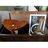 A mixed lot to include: a stained glass framed panel, an aneroid barometer, demi-lune side table,