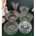 Six pieces of cut and pressed glass, to include: fruit bowls, a vase and a covered dish.