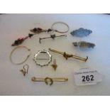 Three pairs of earrings and six bar brooches, yellow and white metal in various styles.