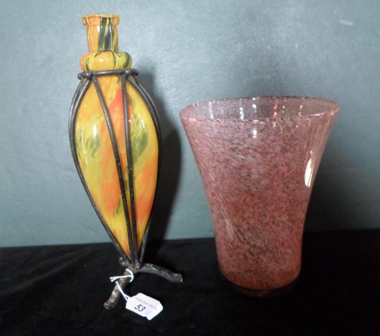 A Monart-style vase of flared rim form, having pink mottled finish, (19.