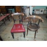 An oak carver chair, together with a Victorian single dining chair and a hoop back circular chair.