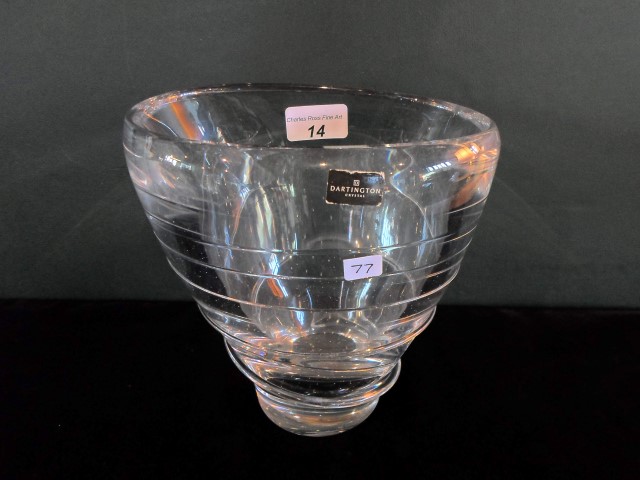 A Dartington Crystal glass vase of tapering swirl form, (19cm tall).