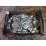 A box containing a quantity of silver plate, to include: teapot, coffee pot, table centre,