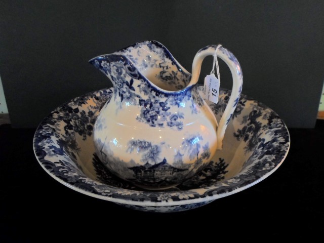 A late 19th century Minton blue and white wash bowl, together with a near matching jug,