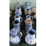 Twelve pieces of Wedgwood Jasperware, to include: milk jugs, a Glenfiddich decanter and stopper,