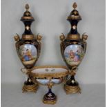 A pair of large mid-20th century cobalt blue and ormolu mounted pedestal vases,