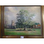 Robin Furness (British born 1933), sheep beneath a tree with church to the background, oil on board,