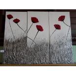 Amanda Dagg, a triptych, open poppy flowers in silvered glass,