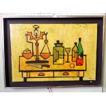 Colin Ruffell (British born 1939), a table top set with bottles and a pair of weighing scales,