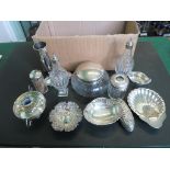 A mixed quantity of silver and glass, to include an Asprey stem vase, small dishes,