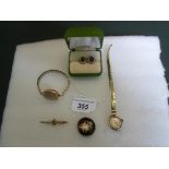 Two 9ct gold cased wristwatches, together with a pair of garnet and seed pearl earrings,