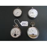 A collection of four silver and white metal cased pocket watches of varying design.