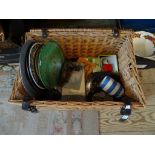 A wicker picnic basket containing assorted items, to include: a T G Green Cornish ware flour sifter,