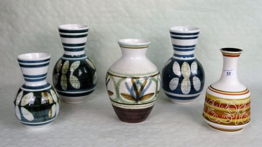 Five 20th century vases from the Cinque Ports Monastery Pottery, Rye, the tallest 26cm.