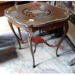 An Edwardian mahogany and inlaid side table, united by undertier on out-swept supports, 69cm wide.