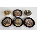 Four oak framed Prattware pots and covers, titled 'The Village Wedding', 'The Wolf and the Lamb',