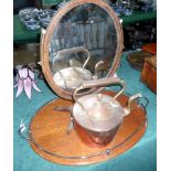 A large oval oak twin handled tray, together with a copper kettle.