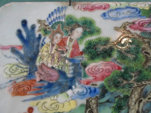A large rectangular Chinese Famille Rose porcelain plaque, depicting numerous court figures, - Image 3 of 6