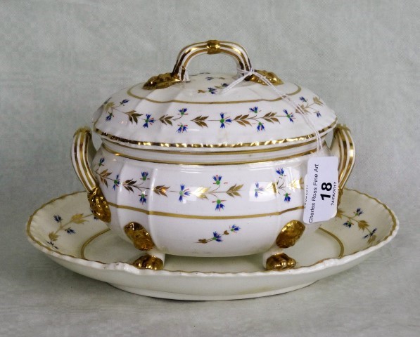 A late 18th century/early 19th century Derby porcelain sauce tureen, stand and cover,