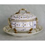 A late 18th century/early 19th century Derby porcelain sauce tureen, stand and cover,