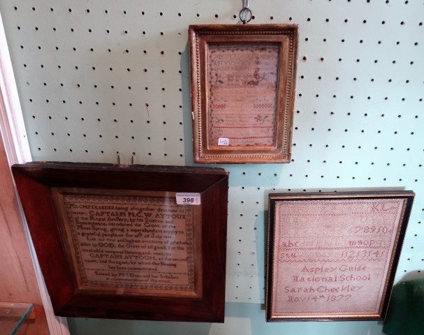 Three 19th century tapestry samplers, various sizes, each framed and glazed.