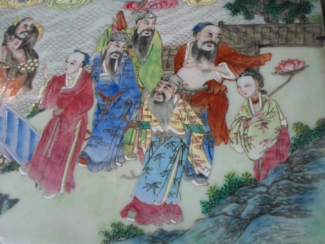 A large rectangular Chinese Famille Rose porcelain plaque, depicting numerous court figures, - Image 5 of 6