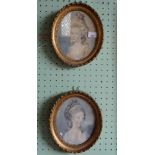 A pair of oval watercolours, studies of ladies in 18th century dress, each 20cm x 17cm,