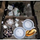 Two boxes containing a quantity of tableware and decorative glass,