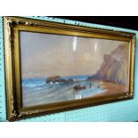 Twentieth century English school, coastal scene, watercolour, 36cm x 69cm glazed in a gilt frame.