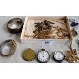 A mixed lot to include: a silver bangle, together with two pocket watches,